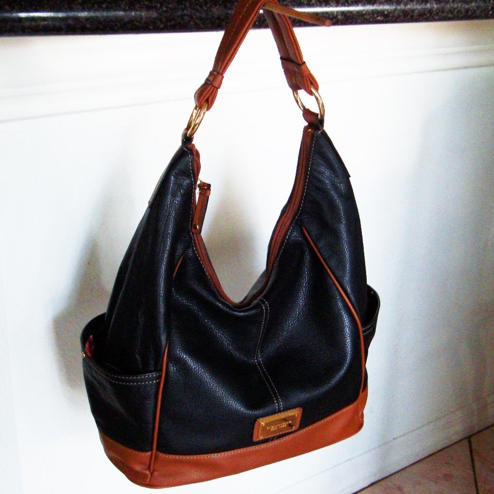 Tignanello Black Tan Pebbled Leather Hobo